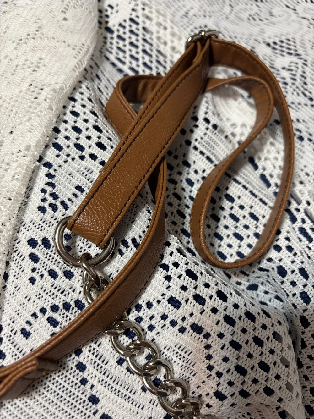 Nine West Tan Faux Leather Tassel Shoulder Bag with Chain Accent